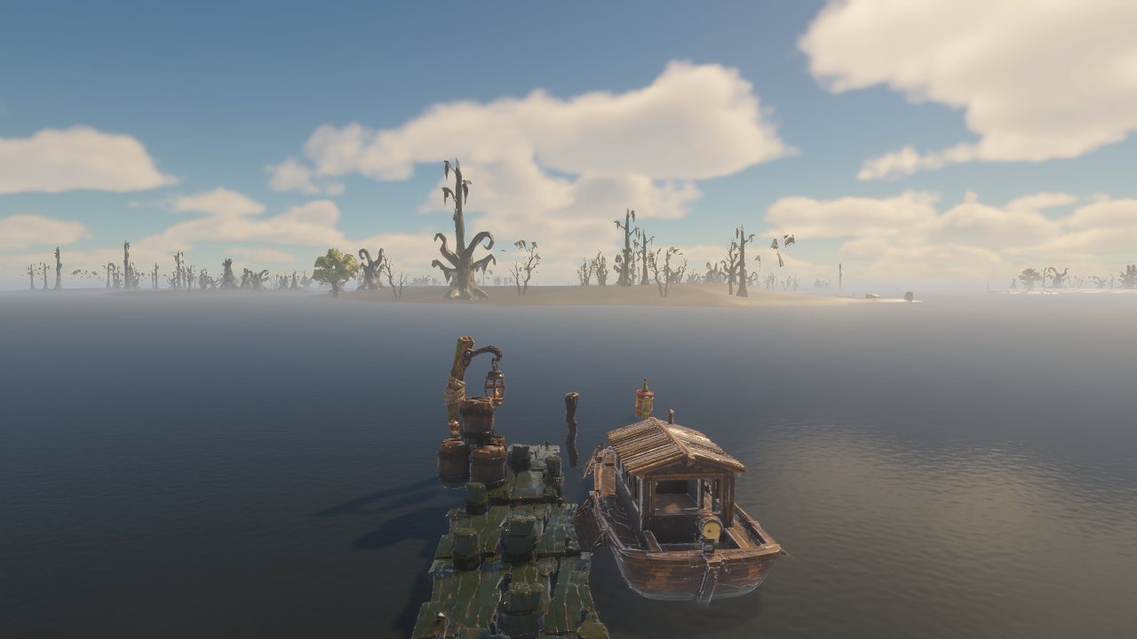The boat moored at a dock on open water