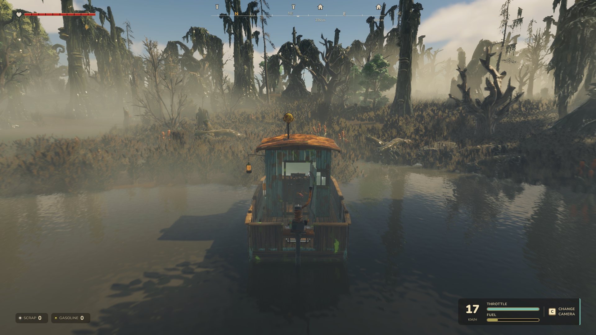 The boat crossing a foggy swamp channel