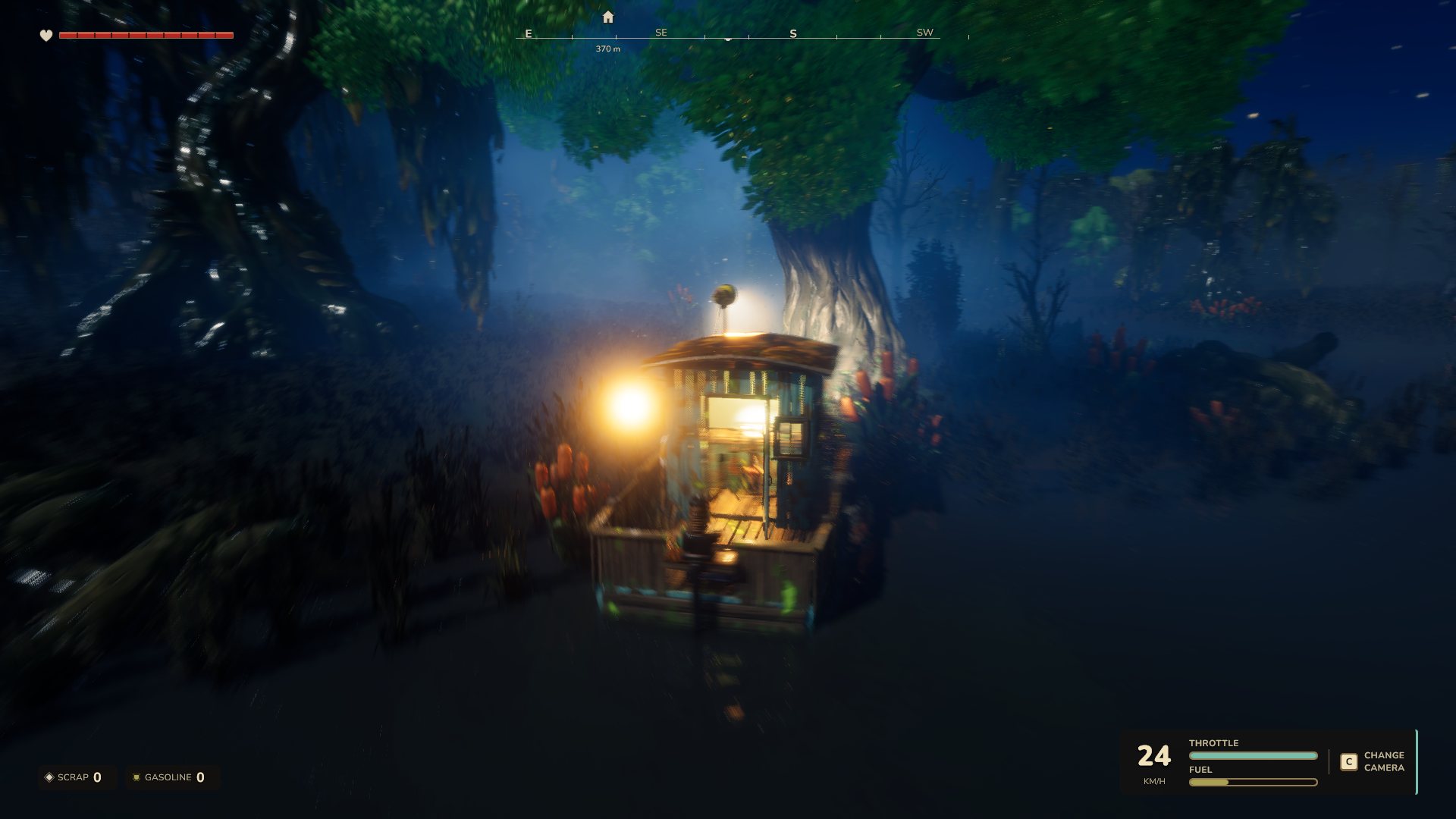 The boat lit up in a dark forest at night