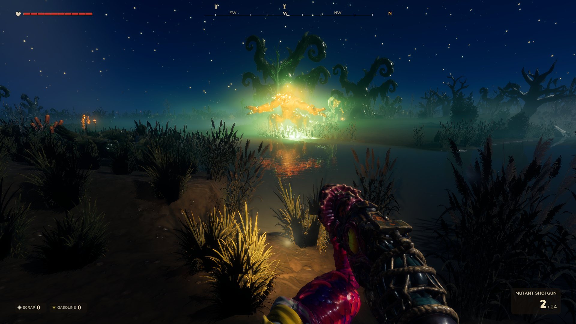 A glowing mutated creature rising from the water at night