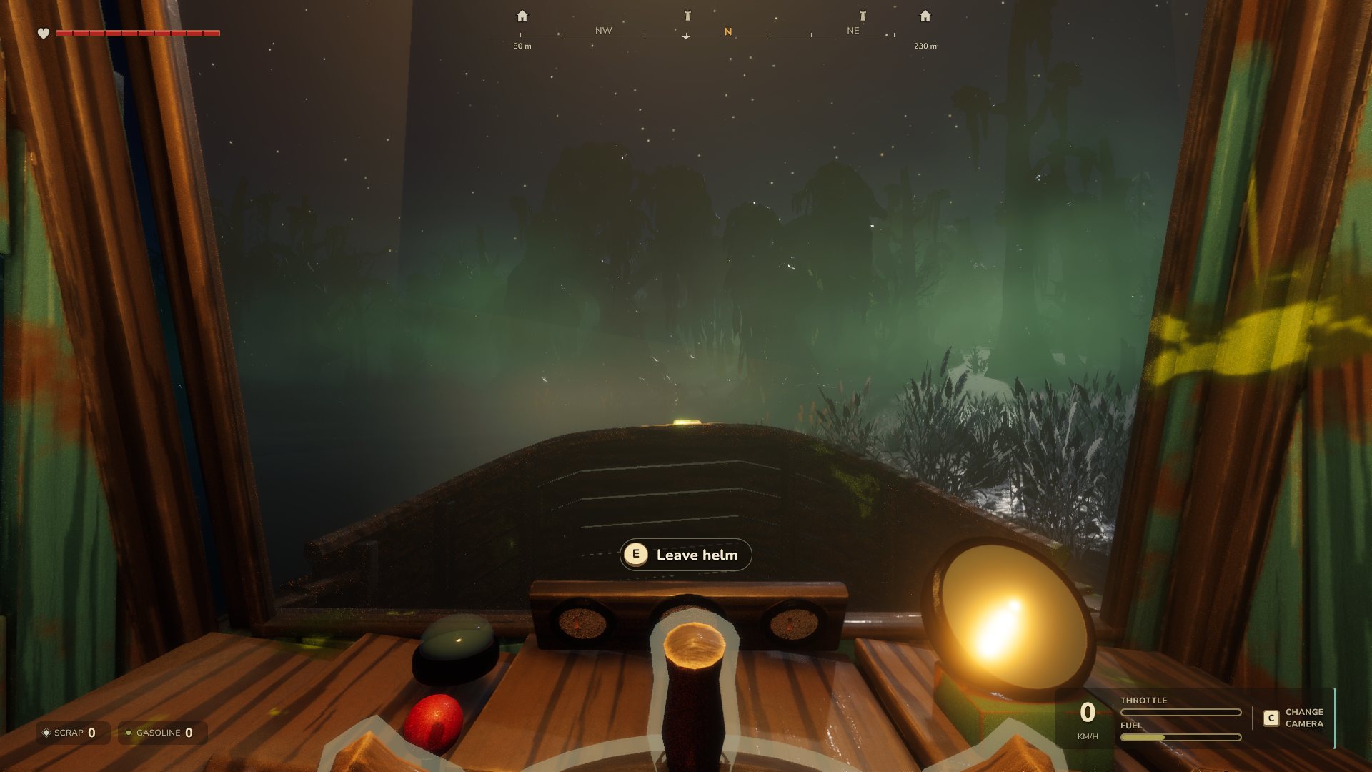 View from the boat cockpit into the foggy swamp at night
