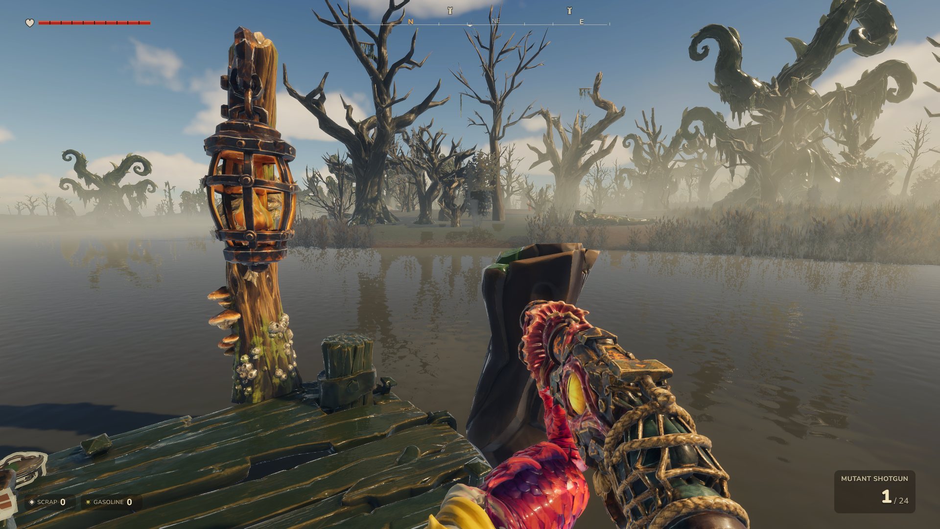A lantern on a rotting dock overlooking the swamp