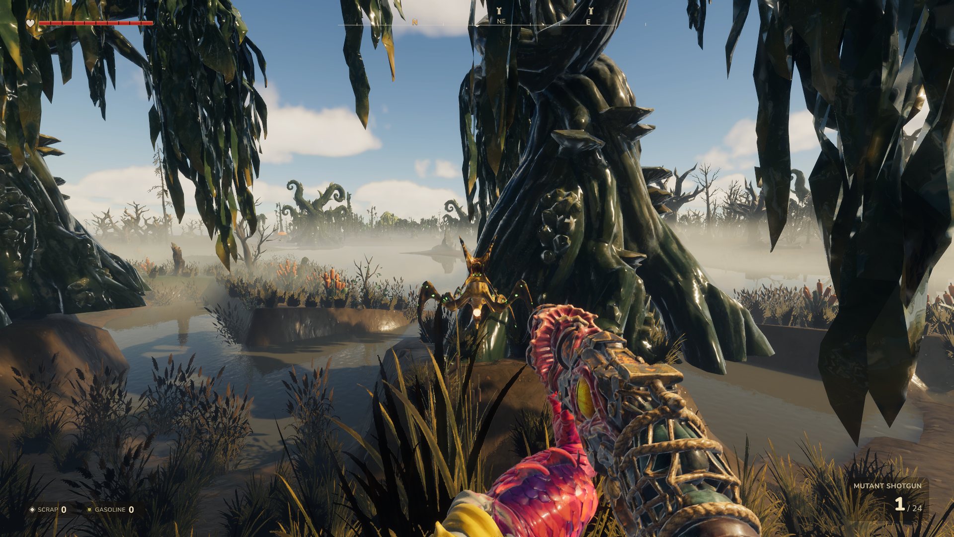 A spider-like creature among glossy mutant trees