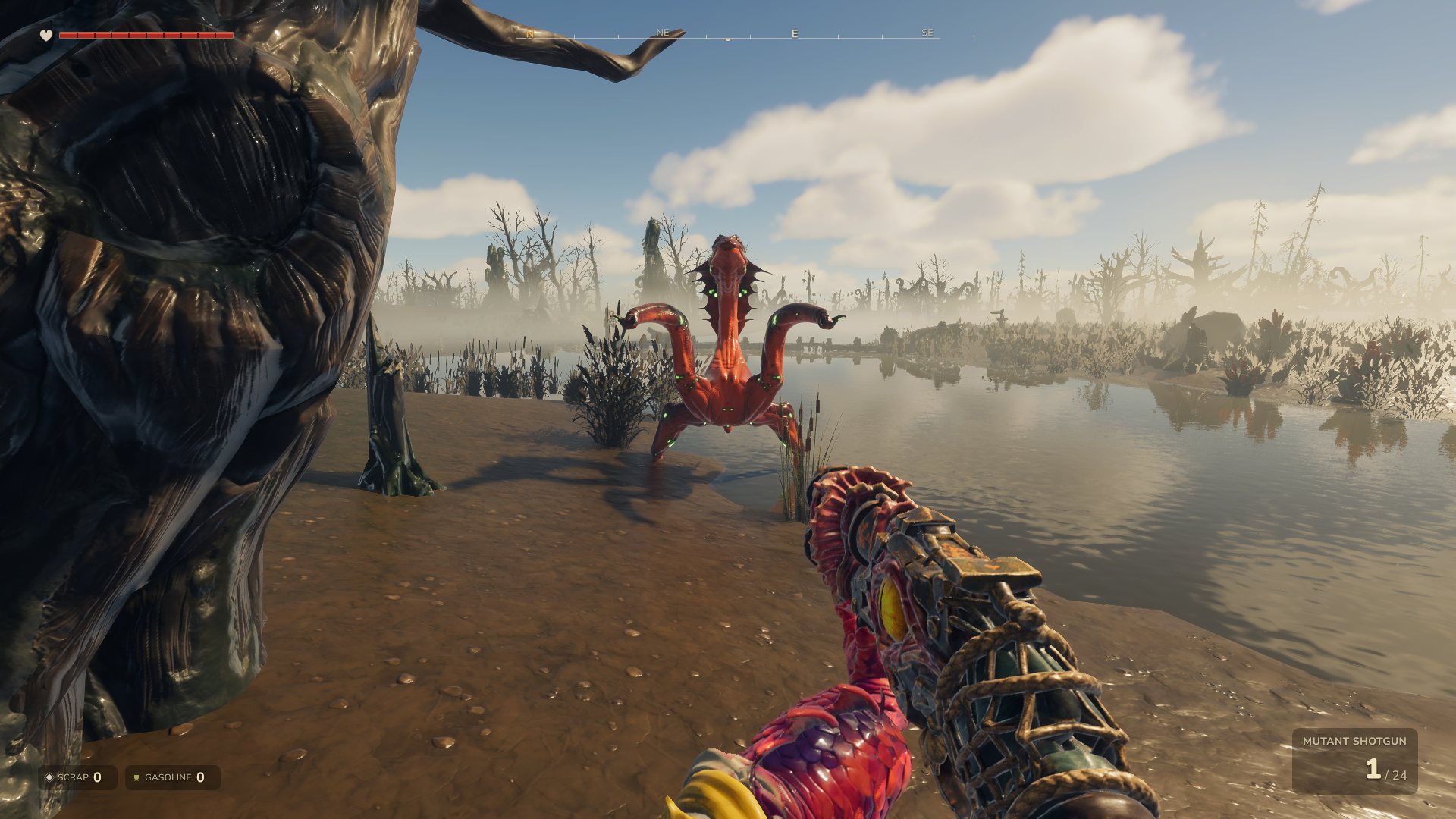 A red tentacled creature on the shore