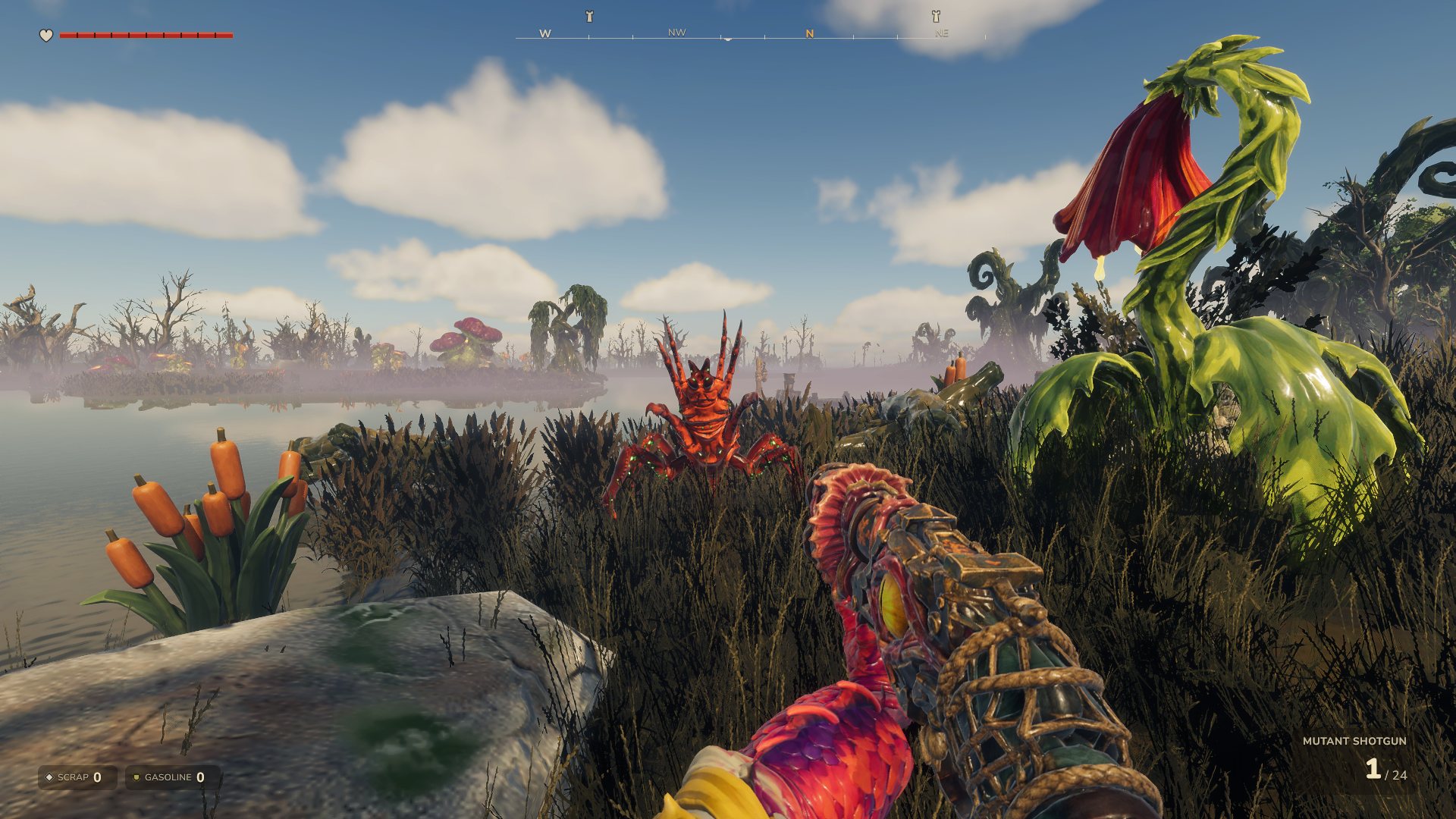 Colourful hand-painted swamp with a mutant plant and creature
