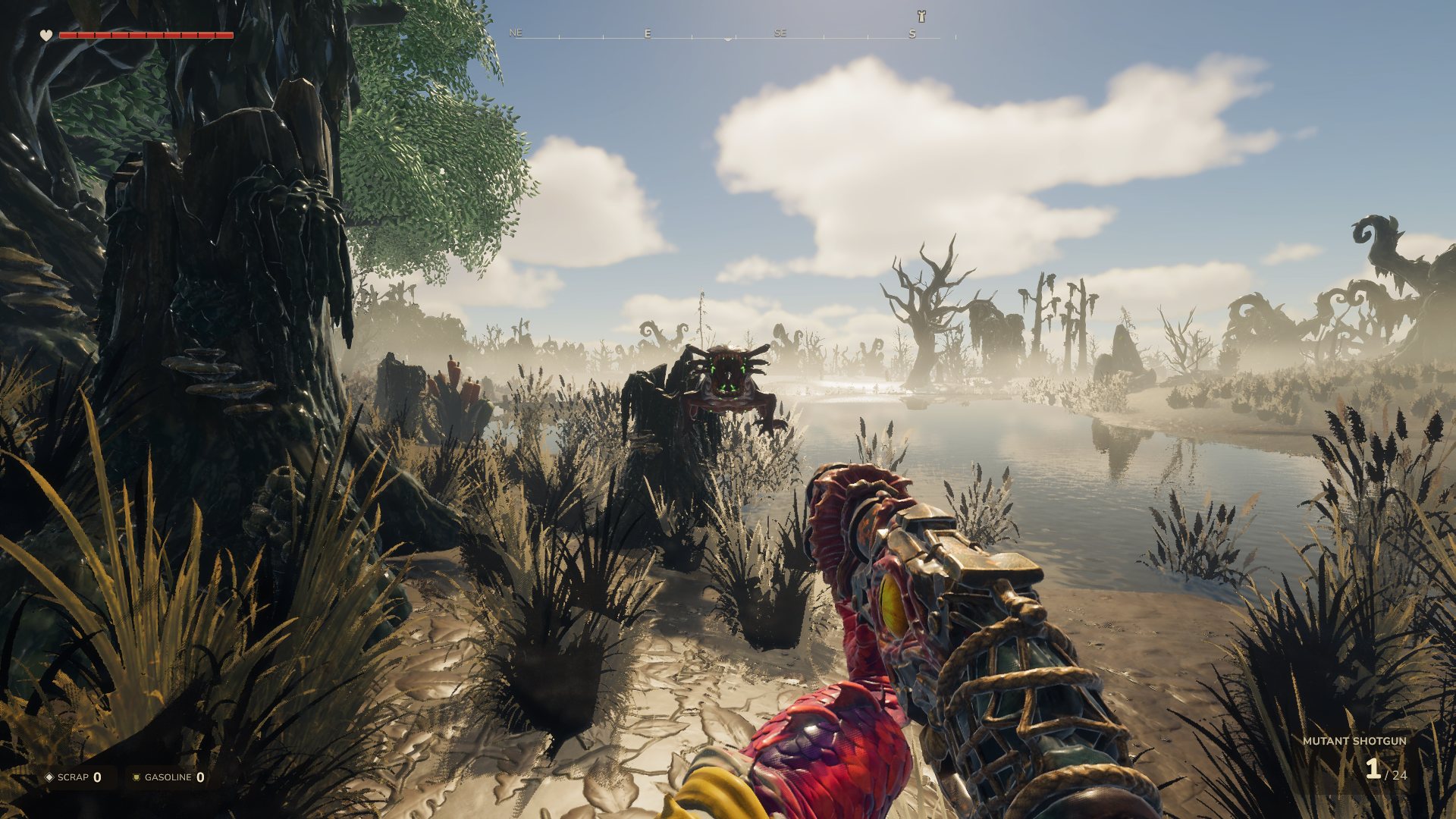 A creature lurking on a stump by the water